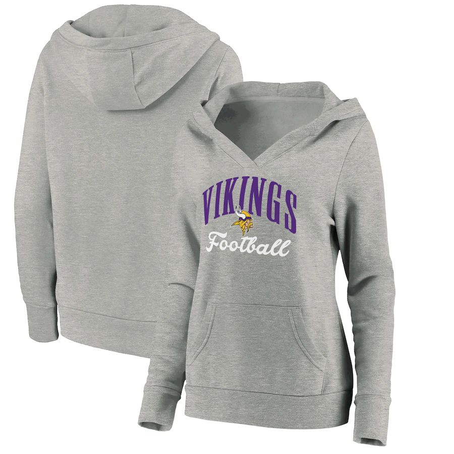 Women Minnesota Vikings Fanatics Branded Heathered Gray Victory Script V-Neck Pullover Hoodie